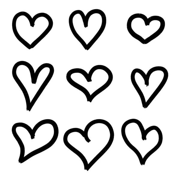 Набор Девяти Рук Нарисованных Сердца Ручной Грубый Маркер Сердца Изолированы — стоковый вектор