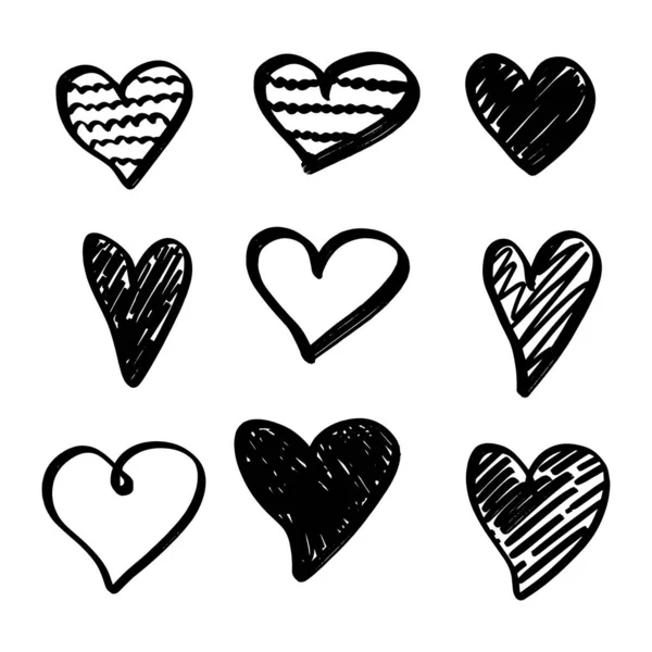 Набор Девяти Рук Нарисованных Сердца Ручной Грубый Маркер Сердца Изолированы — стоковый вектор