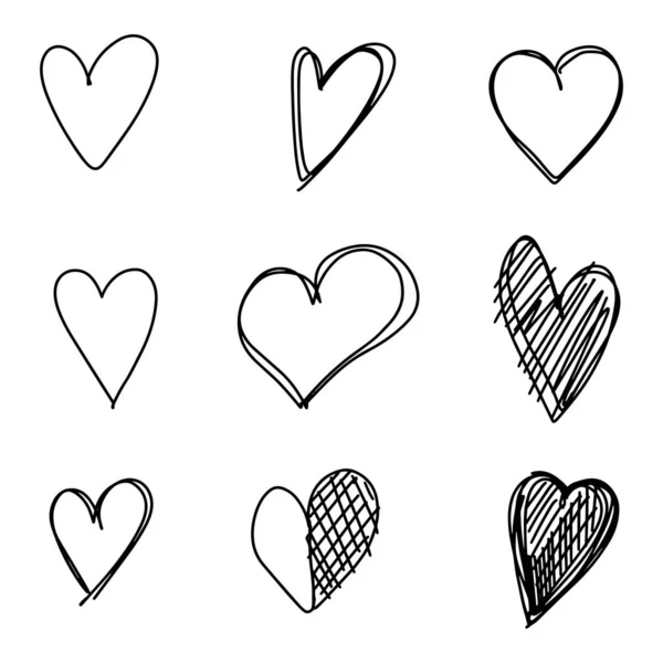 Set Nine Hand Drawn Heart Handdrawn Rough Marker Hearts Isolated — Stock Vector