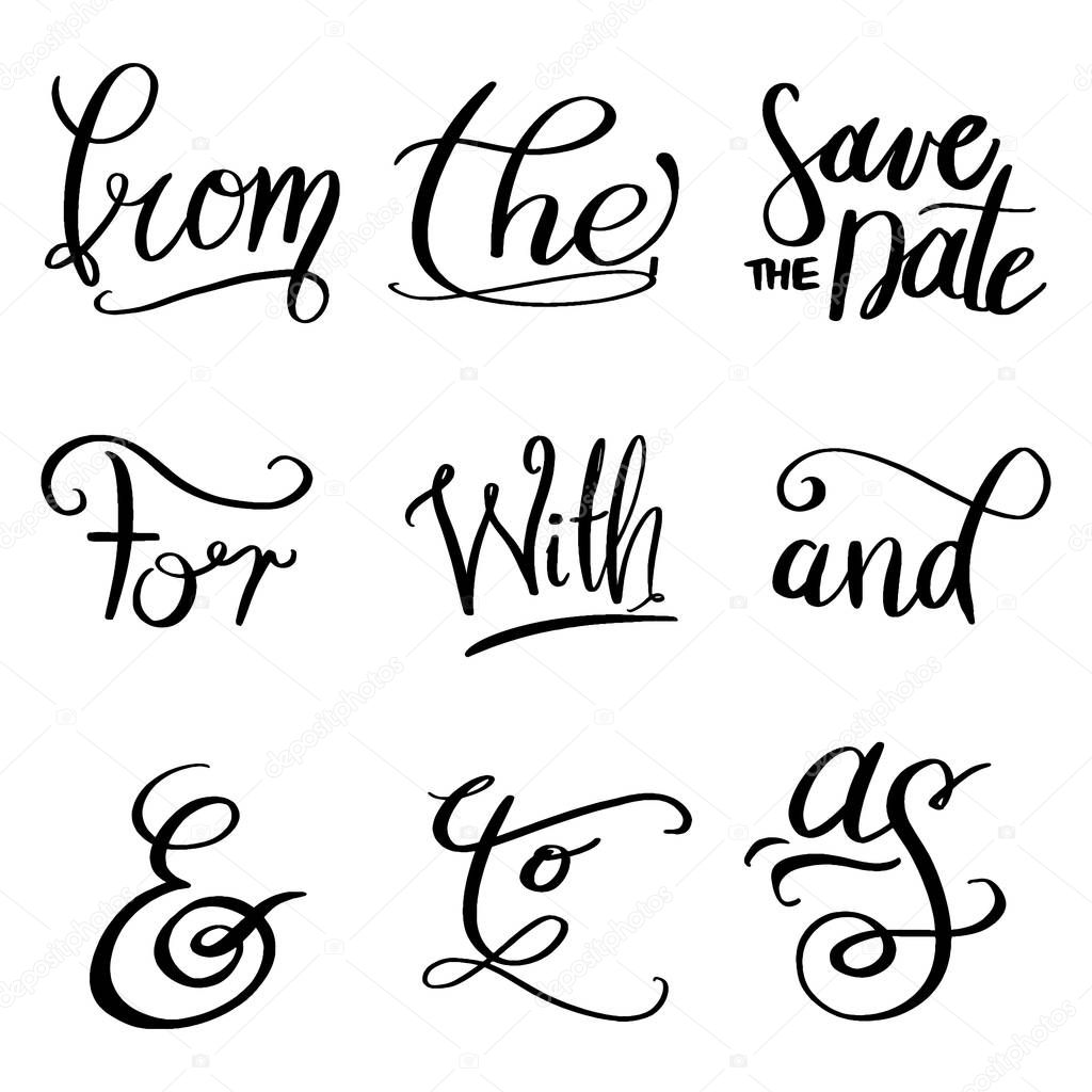 Collection of hand lettered ampersands and catchwords isolated on white background. Great vector design set for wedding invitations, save the date cards and other stationary type of design