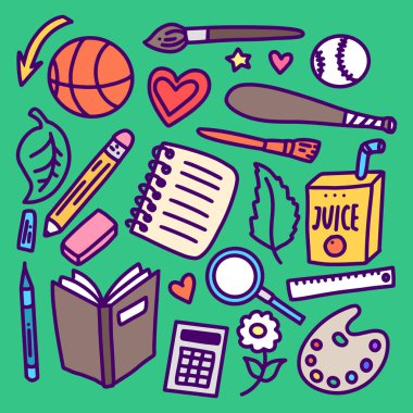 Okula geri dönüyorum. El çizimi karalama seti.