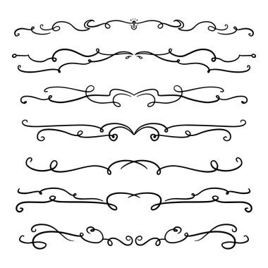 Handdrawn girdaplar ve eğriler koleksiyonu. Düğün kartları için süs eşyaları tasarım elemanı, davetiyeler, tarih kartları, restoran için el ilanları kaydetmek