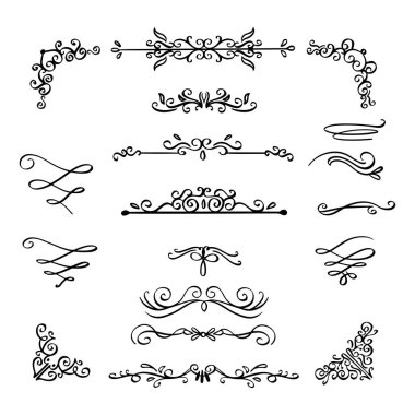 Handdrawn girdaplar ve eğriler koleksiyonu. Düğün kartları için süs eşyaları tasarım elemanı, davetiyeler, tarih kartları, restoran için el ilanları kaydetmek