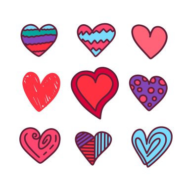 Dokuz el çizilmiş kalp. Beyaz arka planda izole edilmiş kabataslak işaretli kalpler. Grafik tasarımınız için vektör illüstrasyonu 