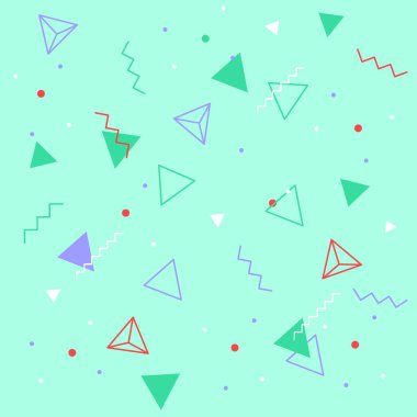 Geometrik vektör deseni, Memphis tarzı desen, çeşitli nesnelerle moda vektör arka plan