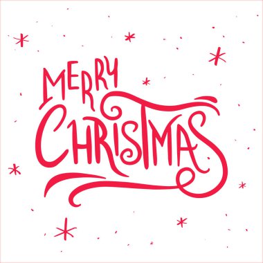 El çizilmiş Merry Christmas tipografi poster. Yazı tasarım kartı şablonu. Tatil tebrik hediye poster. Beyaz sözcükler, Noel elemanları, simgeler, kırmızı arka plan
