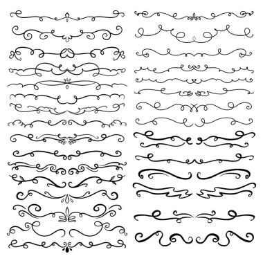 Handdrawn girdaplar ve eğriler koleksiyonu. Düğün kartları için süs eşyaları tasarım elemanı, davetiyeler, tarih kartları, restoran için el ilanları kaydetmek