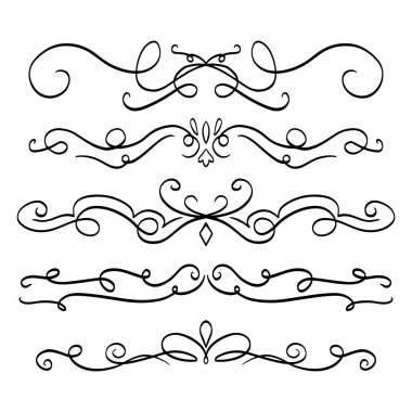 Handdrawn girdaplar ve eğriler koleksiyonu. Düğün kartları için süs eşyaları tasarım elemanı, davetiyeler, tarih kartları, restoran için el ilanları kaydetmek