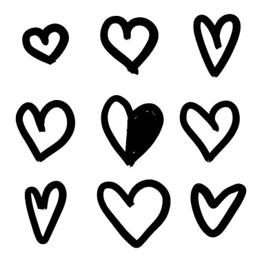Dokuz el çizilmiş kalp. Beyaz arka planda izole edilmiş kabataslak işaretli kalpler. Grafik tasarımınız için vektör illüstrasyonu 