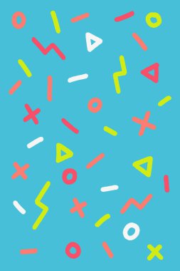 eometrik vektör deseni, Memphis tarzı desen, çeşitli nesnelerle moda vektör arka plan