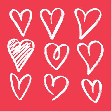 Dokuz el çizilmiş kalp. Beyaz arka planda izole edilmiş kabataslak işaretli kalpler. Grafik tasarımınız için vektör illüstrasyonu 