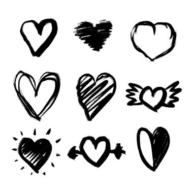 Dokuz el çizilmiş kalp. Beyaz arka planda izole edilmiş kabataslak işaretli kalpler. Grafik tasarımınız için vektör illüstrasyonu
