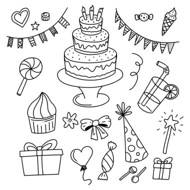 Happy Birthday çizimler basit doodle tarzıelle çizilmiş