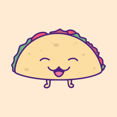 Resimli Taco Gülümsemesi. Fast Food, Abur Cubur, Sokak Gıda sevimli kawaii yüz ifadeleri ile. Doodle tarzında el yapımı - Vektör Eps