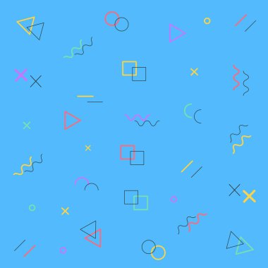 Geometrik vektör deseni, Memphis tarzı desen, çeşitli nesnelerle moda vektör arka plan