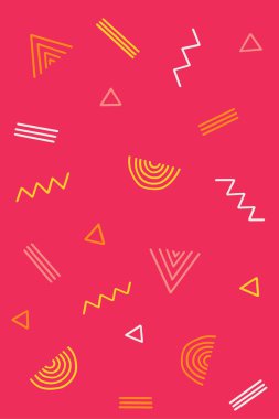 eometrik vektör deseni, Memphis tarzı desen, çeşitli nesnelerle moda vektör arka plan