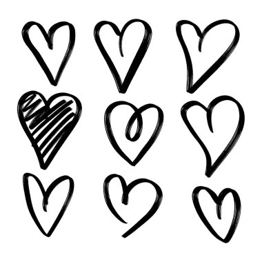 Dokuz el çizilmiş kalp. Beyaz arka planda izole edilmiş kabataslak işaretli kalpler. Grafik tasarımınız için vektör illüstrasyonu 