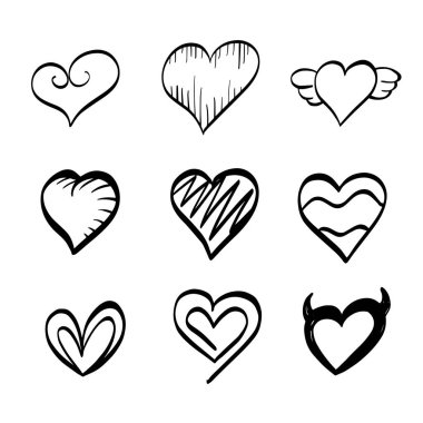 El çizilmiş kalpler beyaz arka plan üzerinde izole. Vektör çizimi 