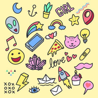 Karikatür tarzında çeşitli çocuklar şeyler handdrawn karalamalar 