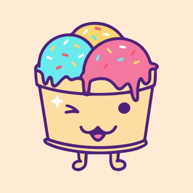 Resimli Dondurma göz kırpma. Fast Food, Abur Cubur, Sokak Gıda sevimli kawaii yüz ifadeleri ile. Doodle tarzında el yapımı - Vektör Eps