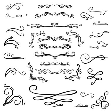 Handdrawn girdaplar ve eğriler koleksiyonu. Düğün kartları için süs eşyaları tasarım elemanı, davetiyeler, tarih kartları, restoran için el ilanları kaydetmek