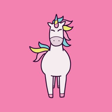 Doodle karikatür tarzı şirin tek boynuzlu at vektör çizim