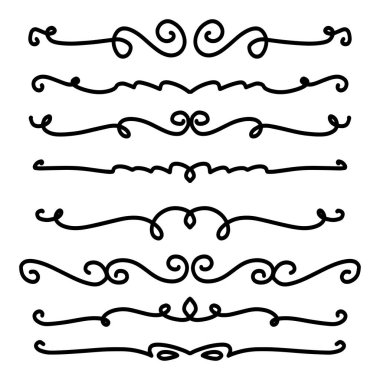 Handdrawn girdaplar ve eğriler koleksiyonu. Düğün kartları için süs eşyaları tasarım elemanı, davetiyeler, tarih kartları, restoran için el ilanları kaydetmek