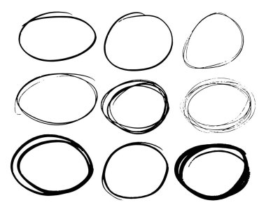 Doodle set of black hand drawn circle line sketch set. Vector circular scribble doodle round circles for message note mark design element. Pencil or pen highlighter elipses shapes clipart