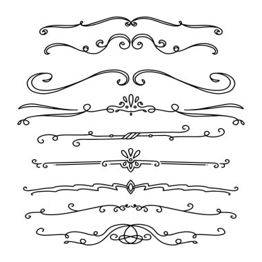 Handdrawn girdaplar ve eğriler koleksiyonu. Düğün kartları için süs eşyaları tasarım elemanı, davetiyeler, tarih kartları, restoran için el ilanları kaydetmek