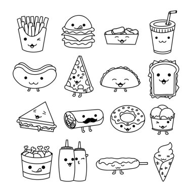 Yüzler ifadeleri ile kawaii asya gıda rulo ve suşi Koleksiyonu. Lezzetli Japon yemek seti. Vektör illüstrasyon - Vektör 