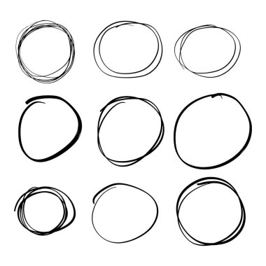 Siyah el çizilmiş daire çizgi kroki seti Doodle seti. Mesaj notu işareti tasarım elemanı için vektör dairesel karalama Doodle yuvarlak daireler