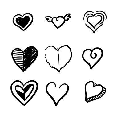 Dokuz el çizilmiş kalp. Beyaz arka planda izole edilmiş kabataslak işaretli kalpler. Grafik tasarımınız için vektör illüstrasyonu 