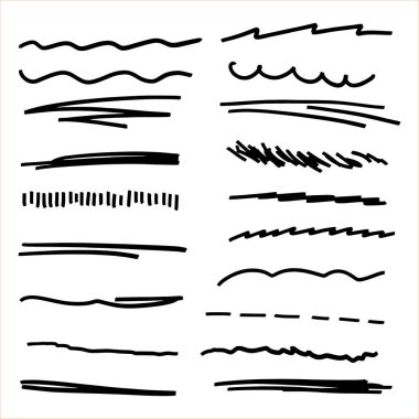 İşaretleyici Fırça Biçiminde Altı Çizili Vuruşlar El Yapımı Koleksiyon Kümesi Çeşitli Şekiller