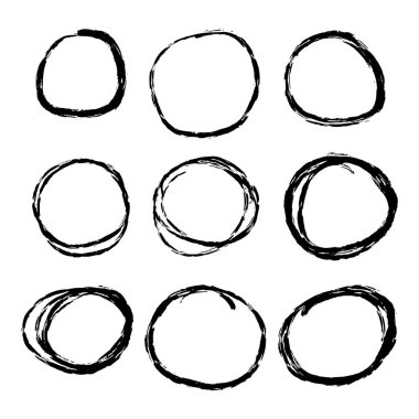 Siyah el çizilmiş daire çizgi kroki seti Doodle seti. Mesaj notu işareti tasarım elemanı için vektör dairesel karalama Doodle yuvarlak daireler