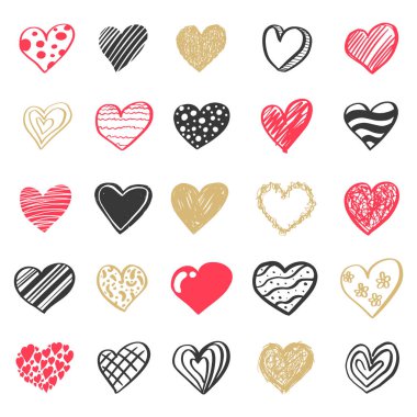 Arka planda izole edilmiş kalpler kümesi. Tebrik kartları, posterler veya diğer öğeler için kullanılabilir.