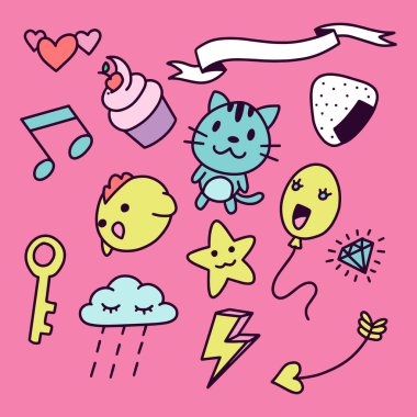 Karikatür tarzında çeşitli çocuklar şeyler handdrawn karalamalar 