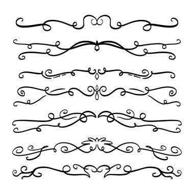 Handdrawn girdaplar ve eğriler koleksiyonu. Düğün kartları için süs eşyaları tasarım elemanı, davetiyeler, tarih kartları, restoran için el ilanları kaydetmek