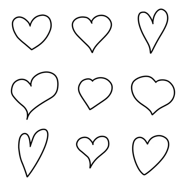 Set Nine Hand Drawn Heart Handdrawn Rough Marker Hearts Isolated — Stock Vector