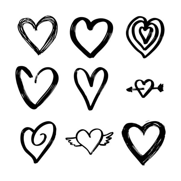 Conjunto Nueve Corazón Dibujado Mano Corazones Marcadores Ásperos Dibujados Mano — Archivo Imágenes Vectoriales