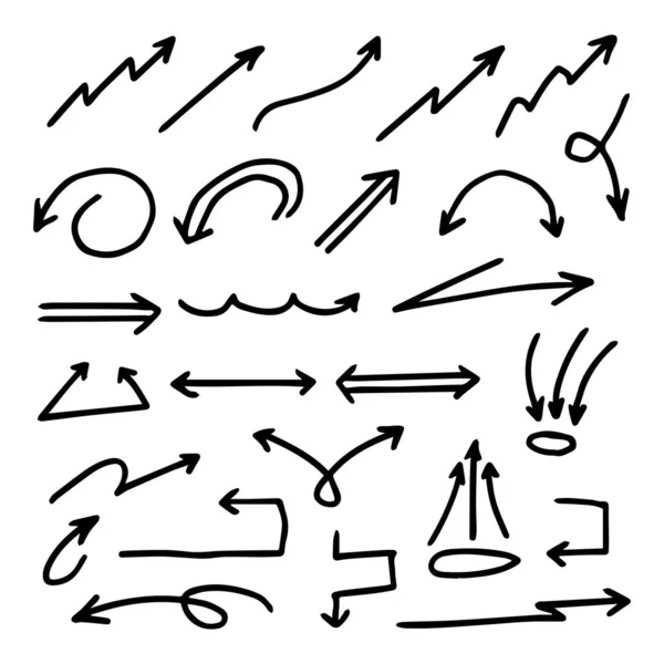 Set Flechas Vectoriales Dibujadas Mano Estilo Doodle Hechas Con Pinceles — Vector de stock