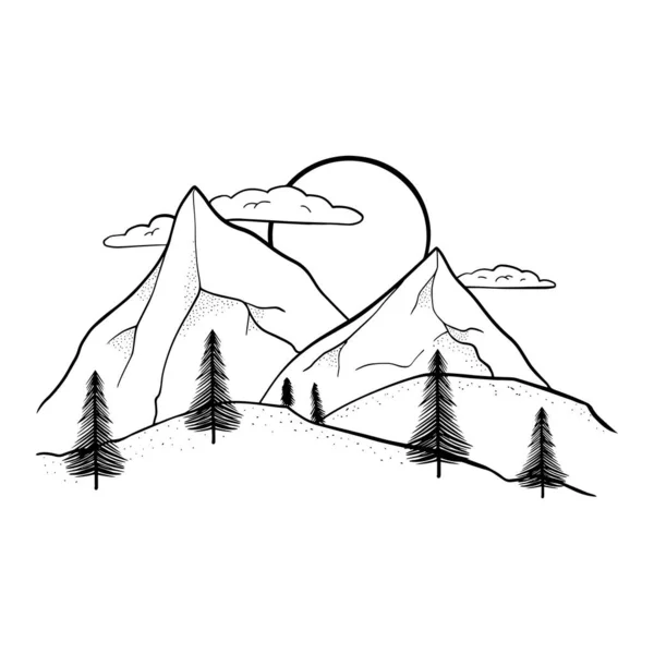 Bir dağ zirvesinde el çizilmiş görüntü, oyma tarzı-vektör Illustration EPS 