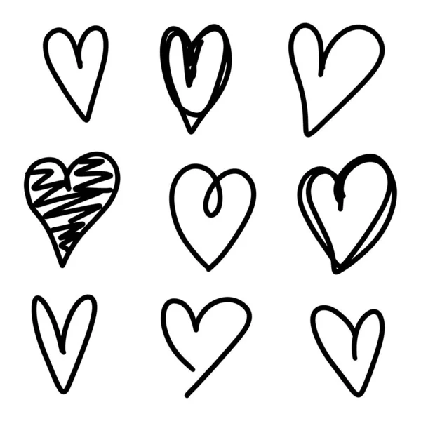 Conjunto Nueve Corazón Dibujado Mano Corazones Marcadores Ásperos Dibujados Mano — Archivo Imágenes Vectoriales