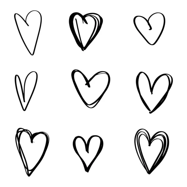 Set Nine Hand Drawn Heart Handdrawn Rough Marker Hearts Isolated — Stock Vector