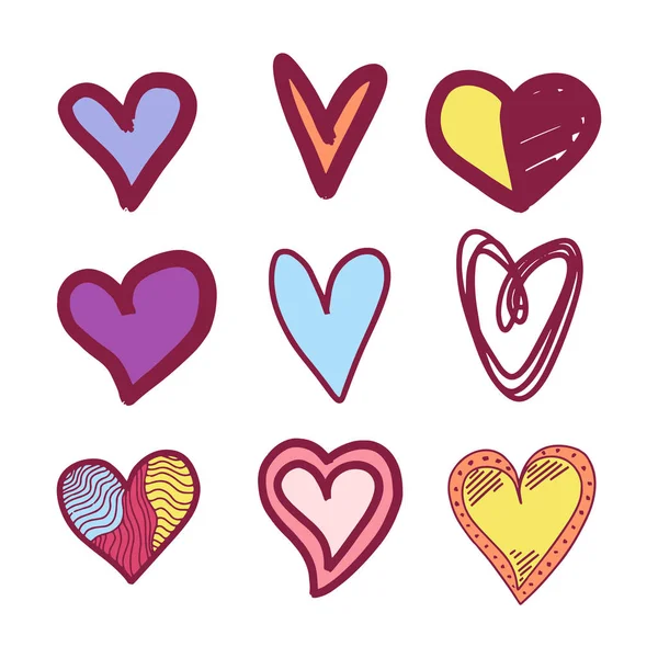 Set Nine Hand Drawn Heart Handdrawn Rough Marker Hearts Isolated — Stock Vector