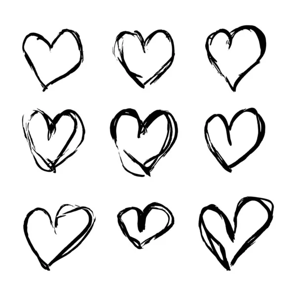 Набір Дев Яти Намальованих Сердець Мальовані Грубі Маркерні Серця Ізольовані — стоковий вектор
