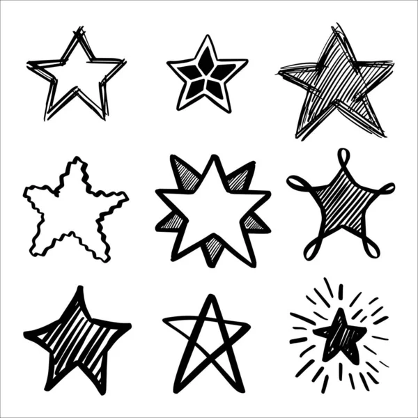 Conjunto Estrelas Vetoriais Desenhadas Mão Preta Estilo Doodle Fundo Branco — Vetor de Stock