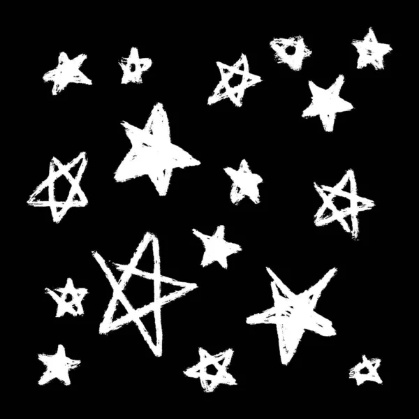 Set Black Hand Drawn Vector Stars Doodle Style White Background — Stock Vector