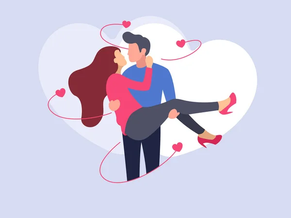Man Holding Women Arms Hearts Floating Lovely Couple Illustration Valentine — Stock Vector