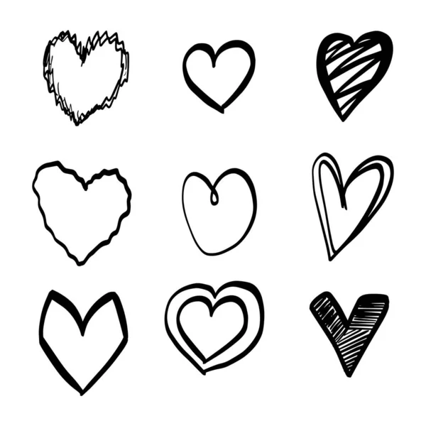 Set Nine Hand Drawn Heart Handdrawn Rough Marker Hearts Isolated — Stock Vector