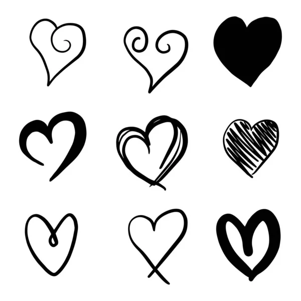 Conjunto Nueve Corazón Dibujado Mano Corazones Marcadores Ásperos Dibujados Mano — Vector de stock